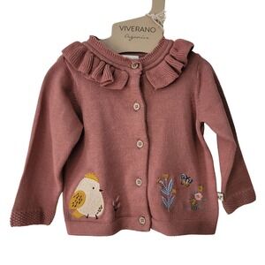 Viverano 3-6M Cardigan Baby Girls Organic Cotton‎ Ruffle Embroidered Bird Rose